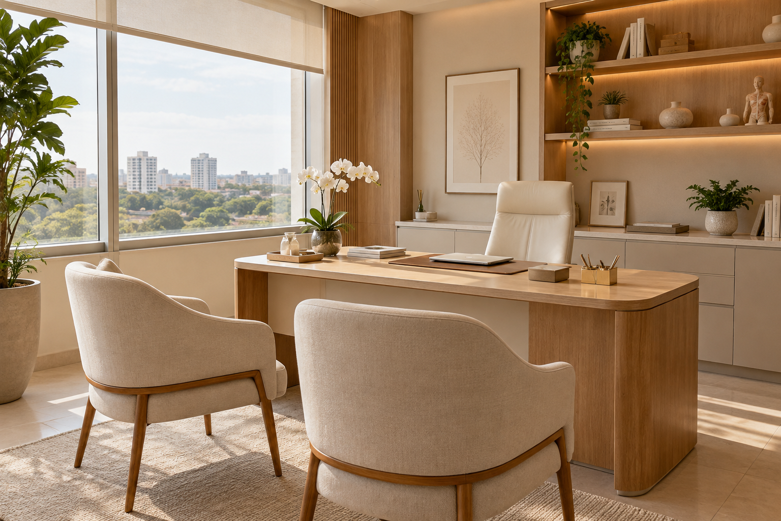 Consultório com mesa, poltronas e janela grande