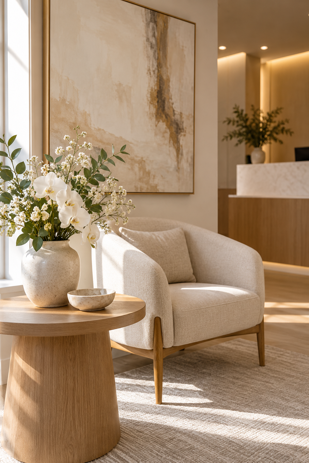 Detalhe da recepção, com flores e poltrona