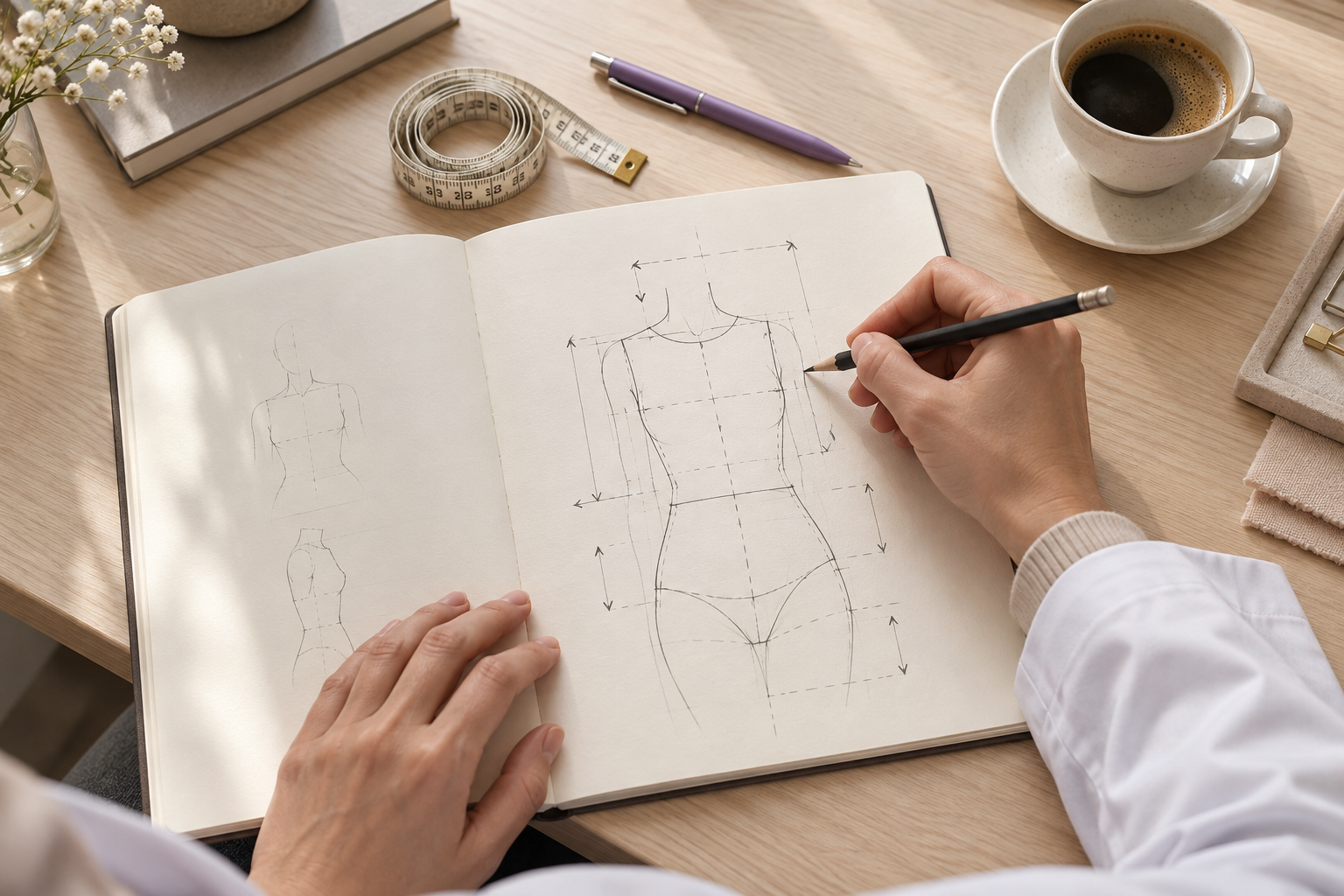 Mão desenhando um croqui de proporções do corpo num caderno